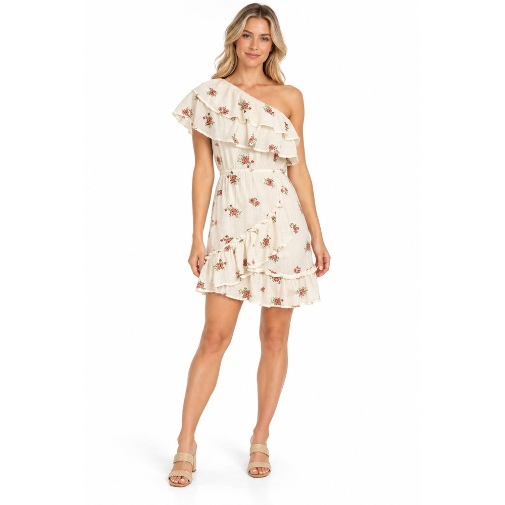 Cottagecore Ruffled One-Shoulder Floral Embroidered Cotton Mini Dress Size S
